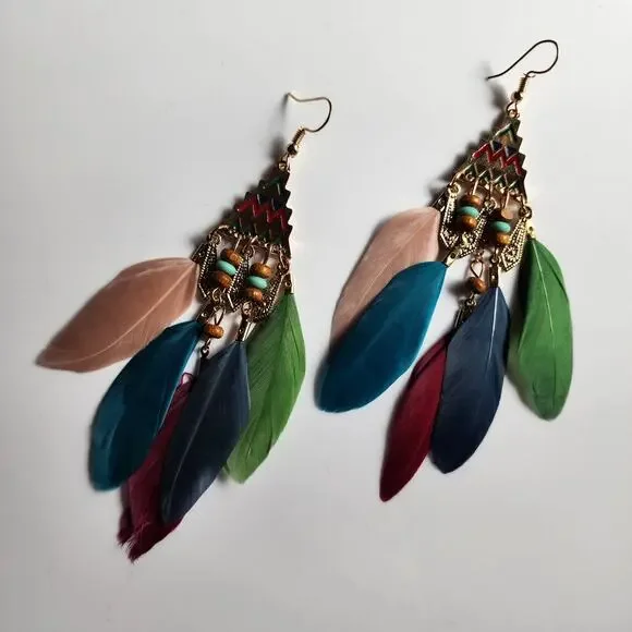 Equator Breeze Multicolor Feather Aztec Pyramid Earrings - Picture 4 of 5